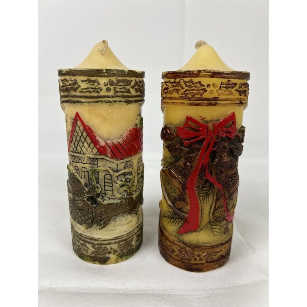 Lot Christmas Candle 5" Green Gold Red Hand Sculpted Jasco Candles VTG 70s Unlit